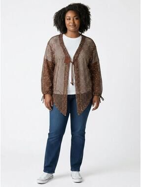 Mirror Image Sleeveless Open Weave Cardigan-Size 1X-Brown Speckled